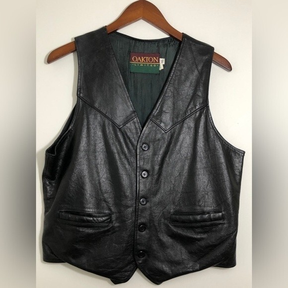 Oakton Vest Mens Size 40 Black Leather Biker Western Punk Vintage - Picture 1 of 10